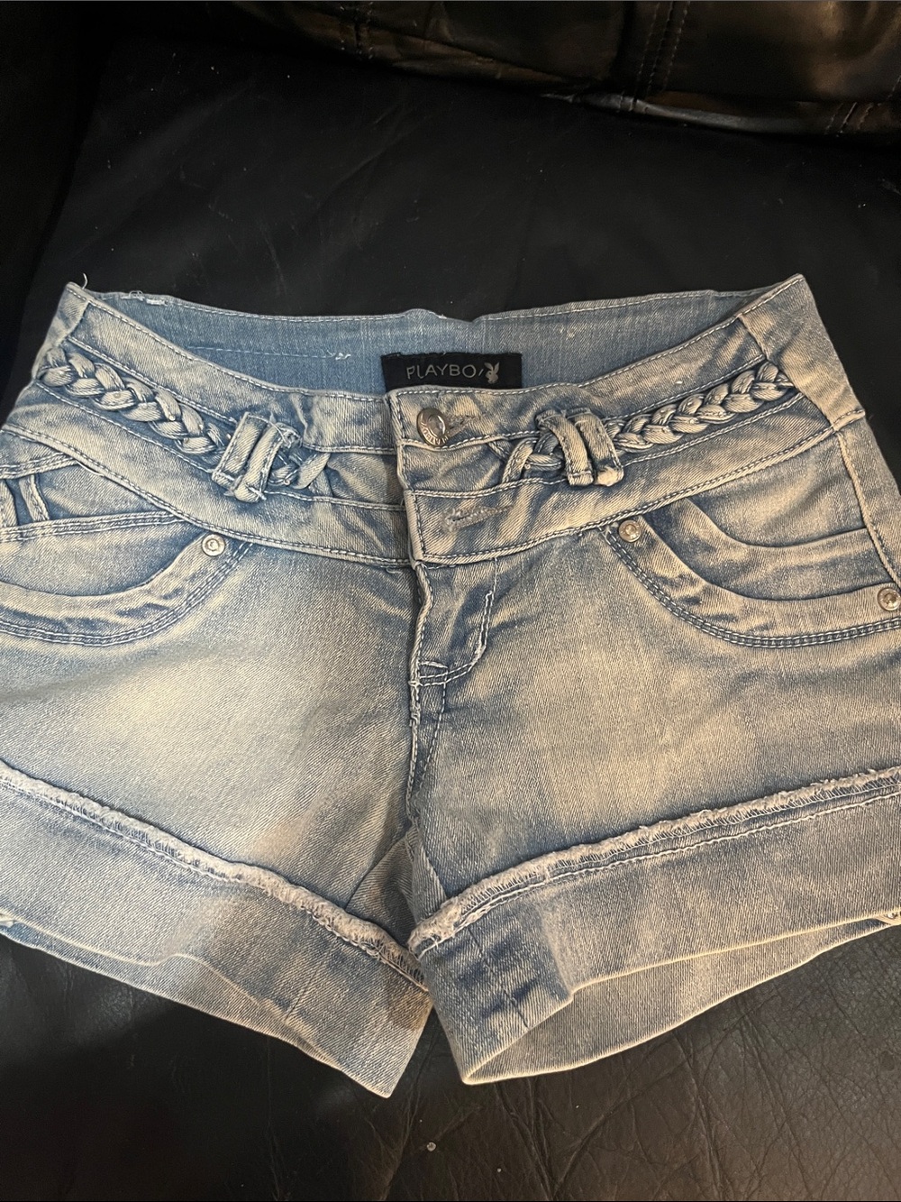 PLAYBOY Faded Light Blue Braided Waist Denim Shorts